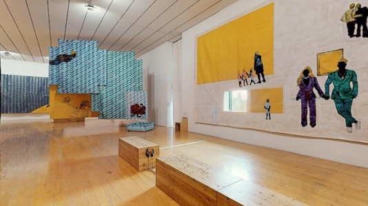 Interior of a bright, modern art gallery
